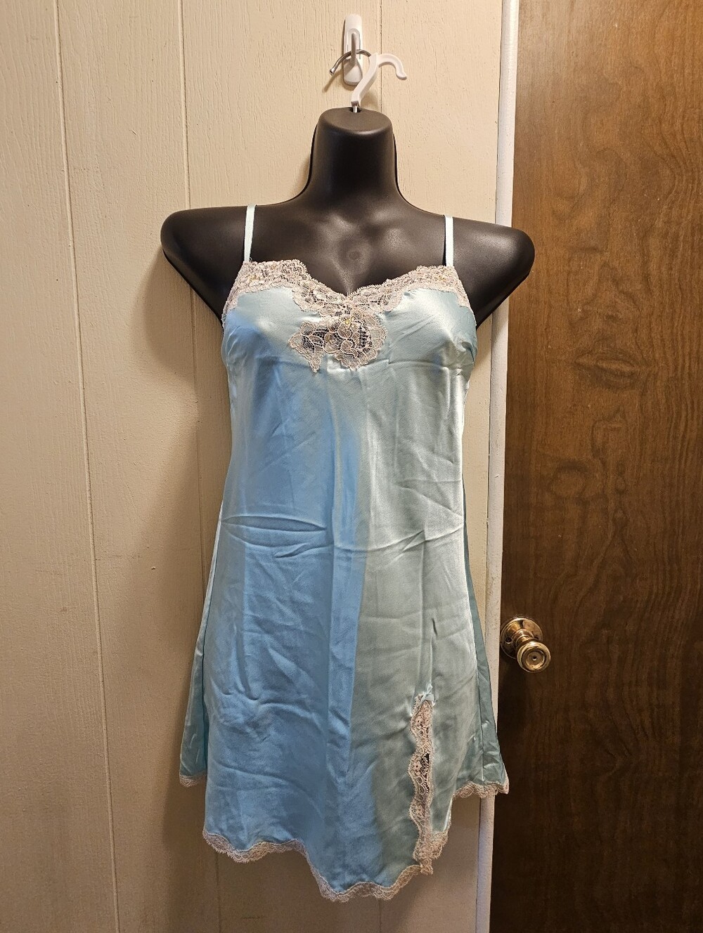 NWOT Victoria's Secret Light Blue Satin Chemise with Cream Lace Trimvic